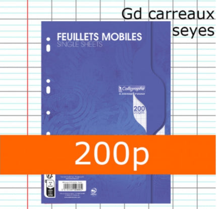 200 pages feuillets simples Calligraphie A4 perforées Seyes 70G